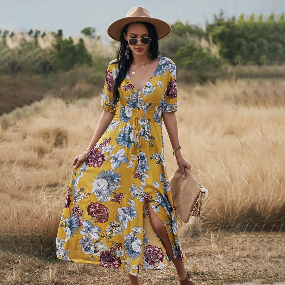 Women's floral print summer dress with V-neck and elastic waist in yellow, black or blue