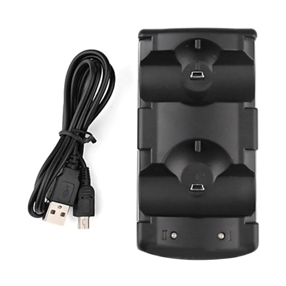 Black PS3 dual USB charging dock for two wireless controllers next to a PlayStation 3 console