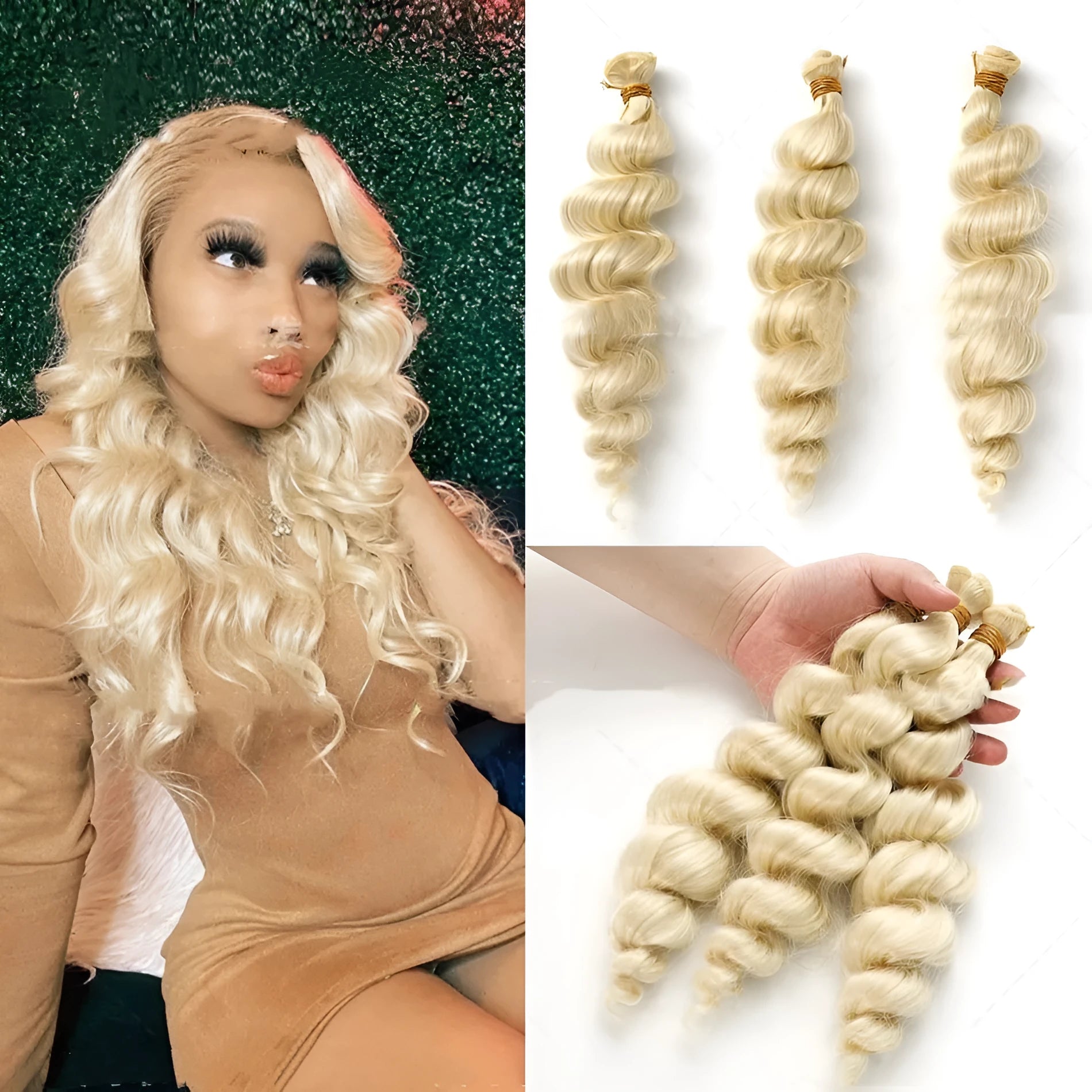 Golden high temperature fibre wig for ladies shown in 18, 20 and 22 inch length options.