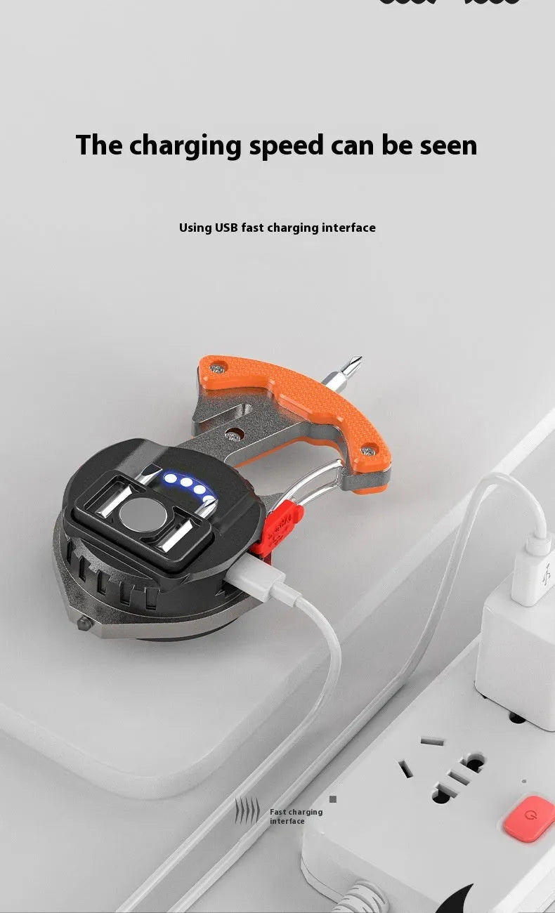 Portable multifunctional keychain flashlight with aluminium body, display screen, and window breaking hammer tip.
