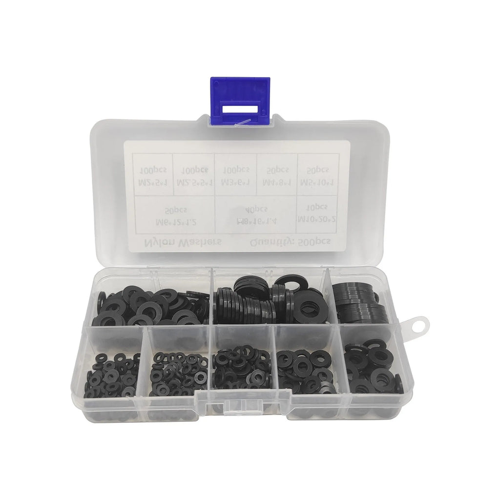 500 pack of black nylon plastic gasket washers in mixed metric sizes from M2 to M10 in a plastic storage box