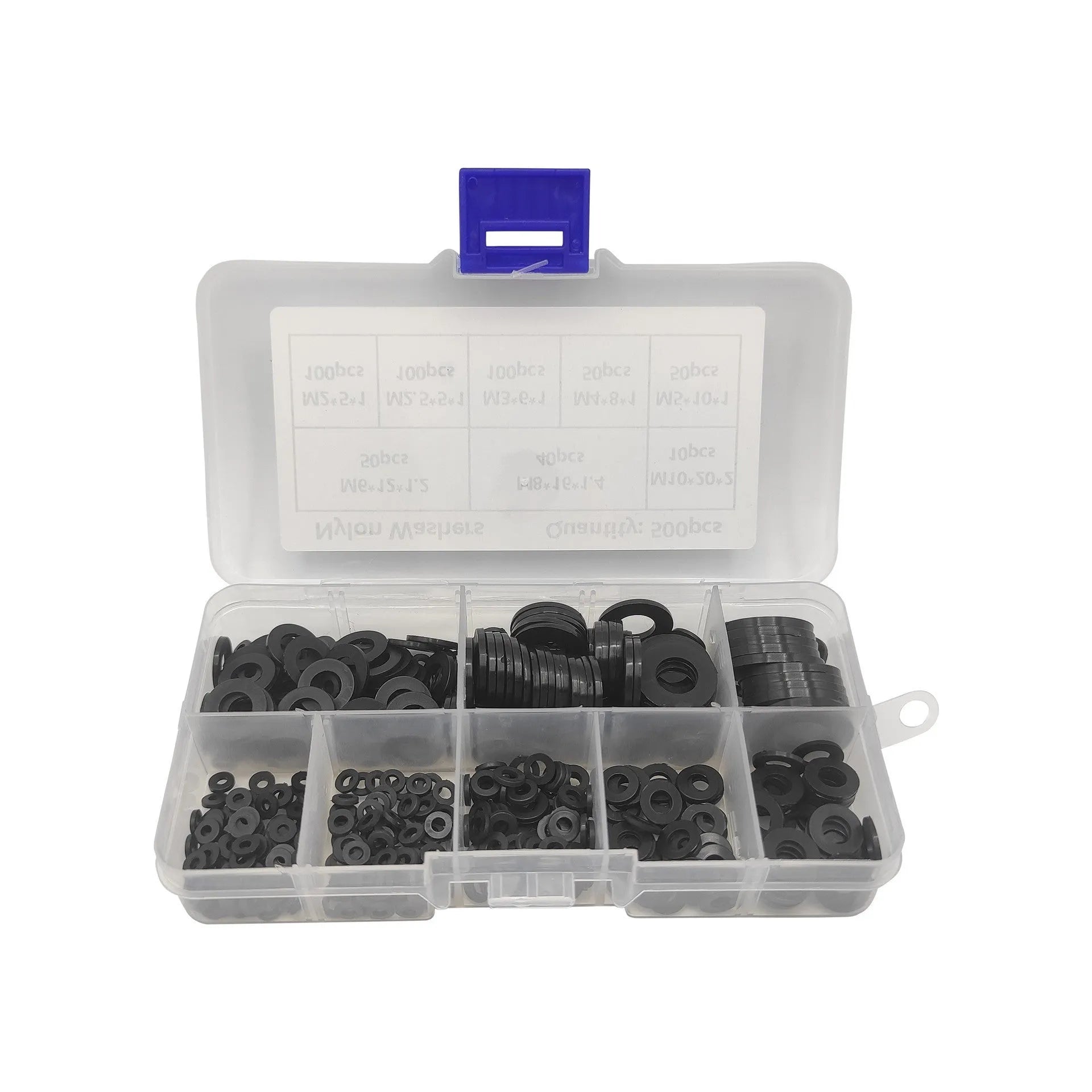 500 pack of black nylon plastic gasket washers in mixed metric sizes from M2 to M10 in a plastic storage box