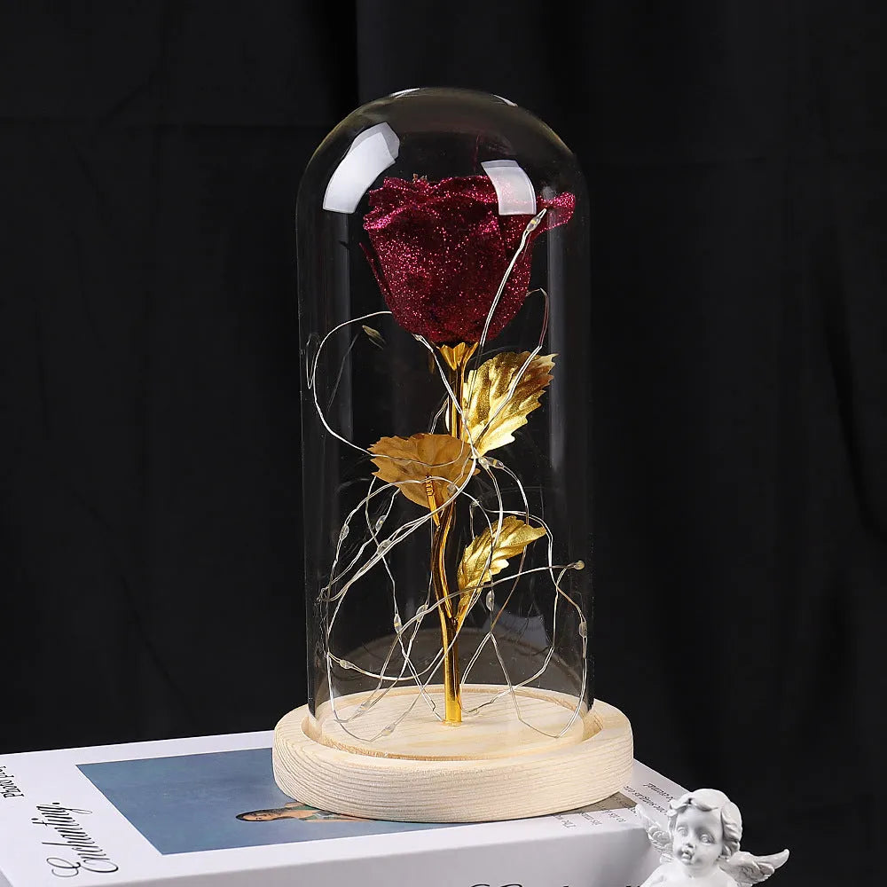 Eternal rose in glass cover with LED light on, seven colour options, handmade copper wire stem