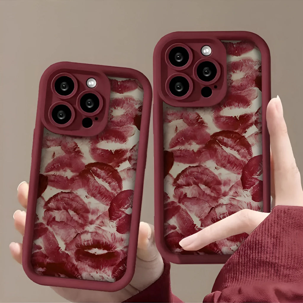 Red lip print TPU phone case in wine red for Apple iPhone models with frosted finish and corner airbag protection