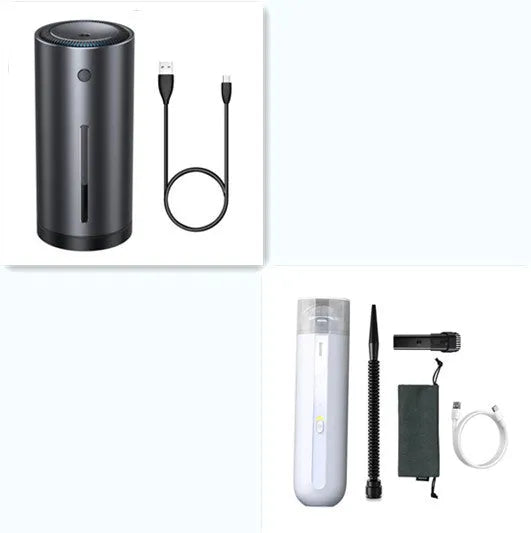Black handheld wireless car vacuum cleaner with nozzle and blowing hose accessory