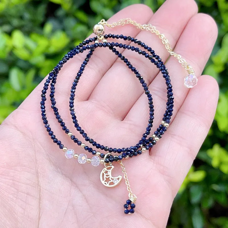 Blue sand stone three-ring multi-layer bracelet for women with gold tone components