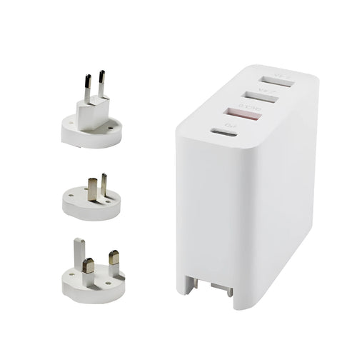 48W four-port USB-C wall charger in black or white with international plug types