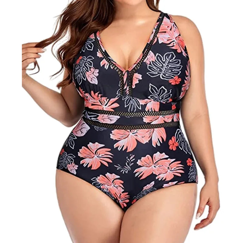 Black printed plus size women's bikini swimsuit with mesh fabric stitching detail
