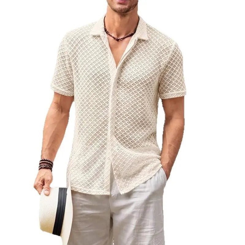 Men's cotton blend short sleeve summer shirt with lapel collar in beige colour