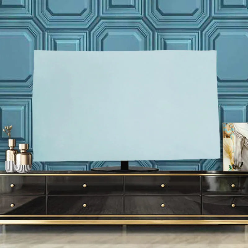 Velvet fabric TV cover draped over a television, shown in pink, black, gray, khaki, light blue and dark green colour options.
