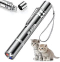 Silver aluminium cat laser pointer toy with USB charging showing light pattern modes