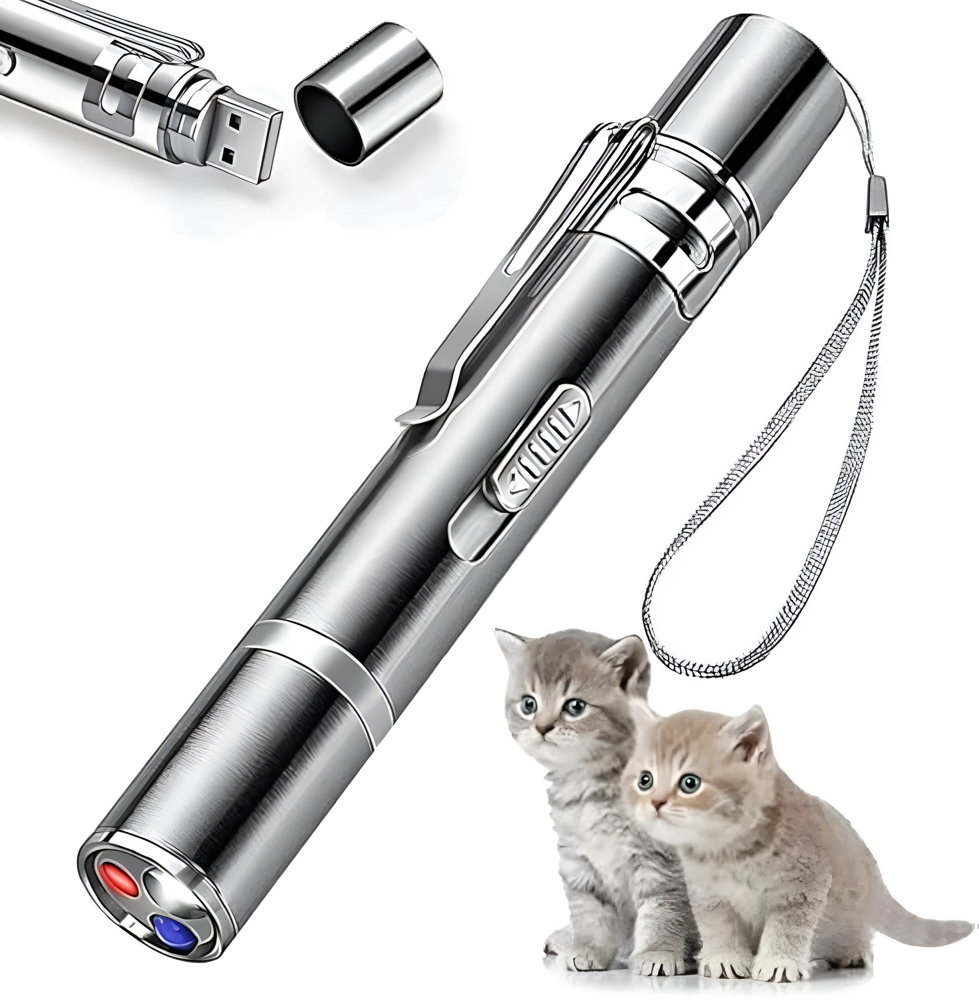 Silver aluminium cat laser pointer toy with USB charging showing light pattern modes