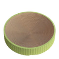 Green and white round cat scratching board with replaceable corrugated cardboard panels.
