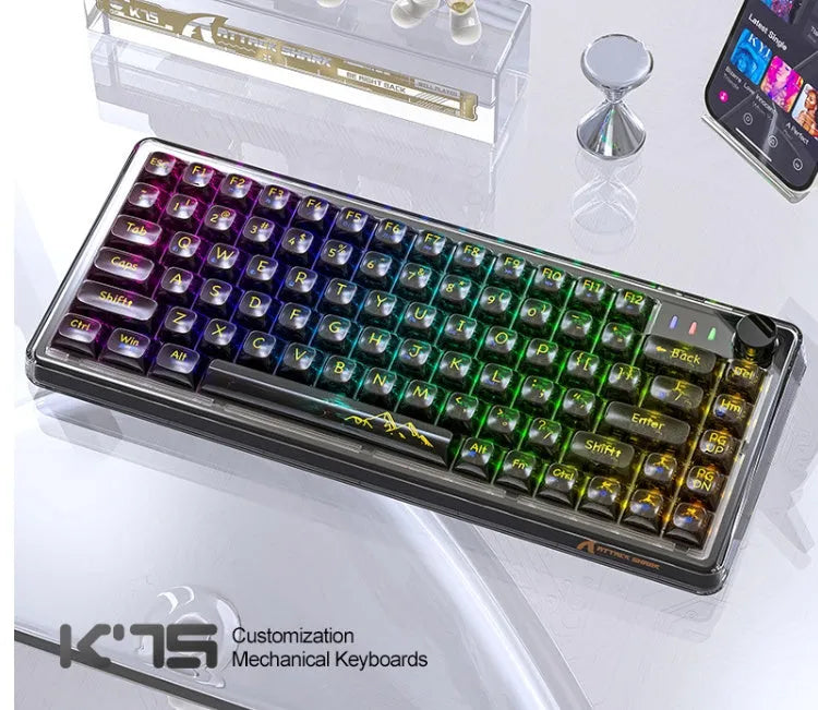 Attack Shark K75RGB wireless mechanical keyboard with transparent PC case showing RGB lighting