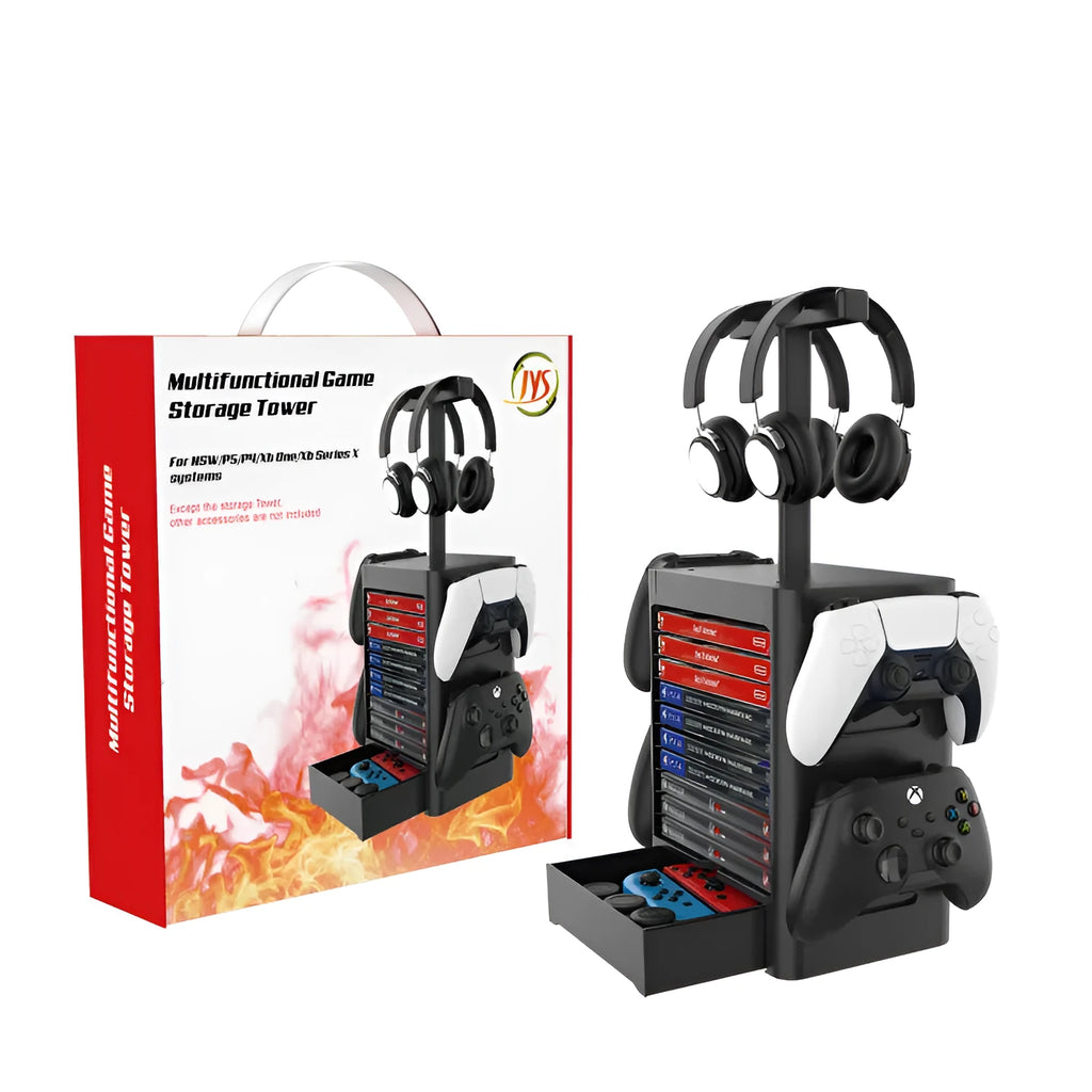 Black gaming controller storage rack with headphone platform, side hooks and bottom drawer