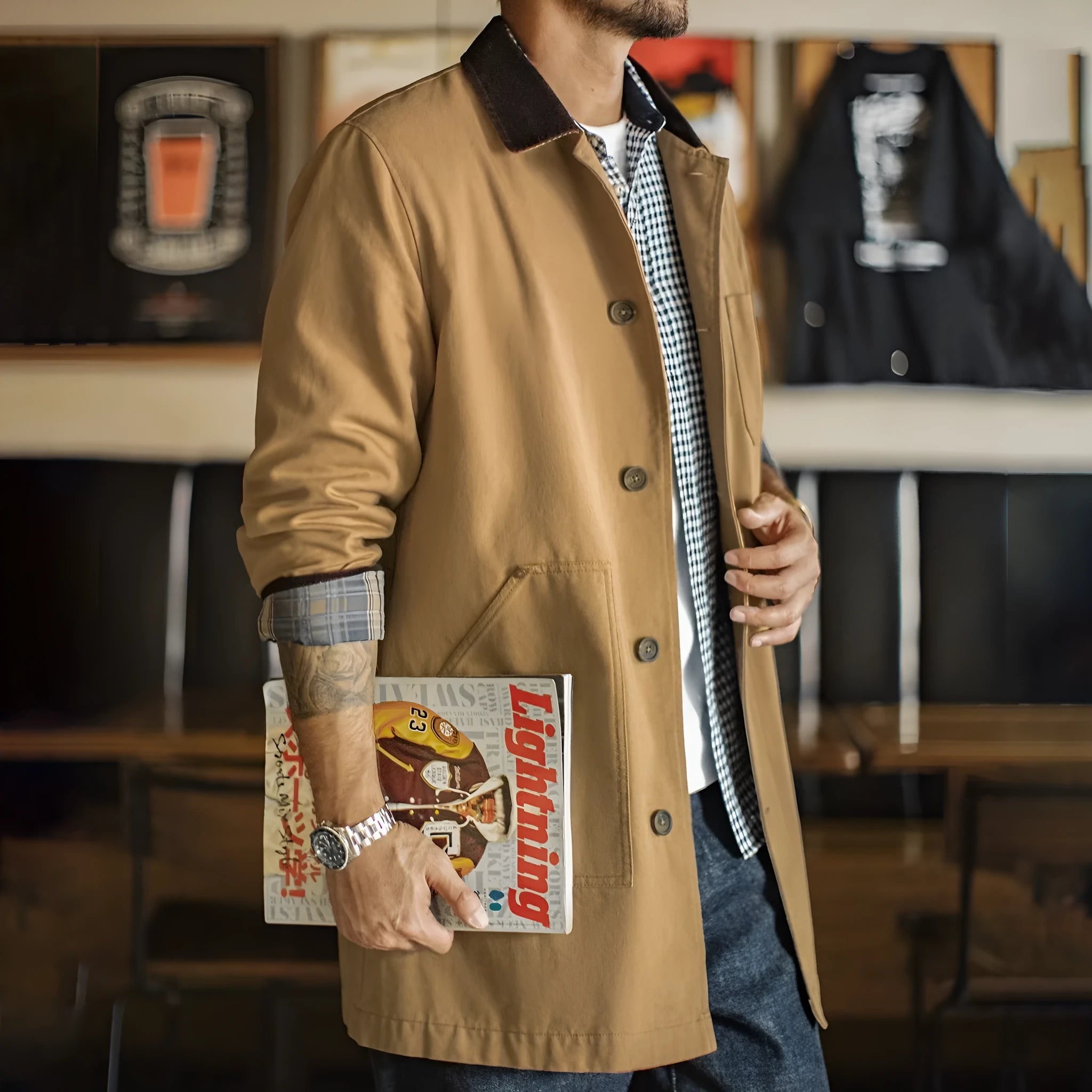 Men's khaki cotton mid-length trench coat with loose fit, single breasted front, solid colour