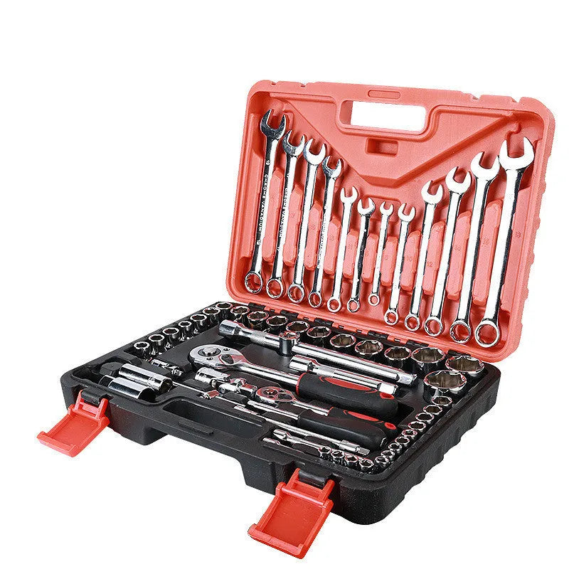 61-piece auto repair socket and wrench set with chrome vanadium steel tools including metric sockets, ratchets, and extensions