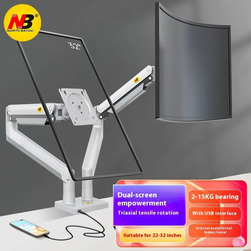 Dual computer monitor desk mount bracket in aluminium alloy with mechanical lifting arms