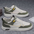 Men's low-top canvas board shoes in beige with leather stitching and a mesh lining.