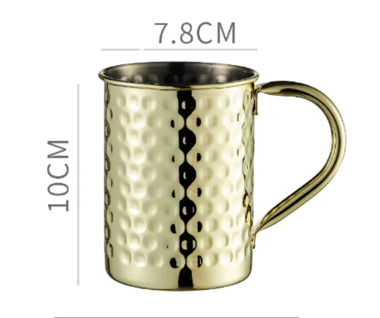 Stainless steel Moscow Mule cup with copper-plated finish in hammered and plain styles.