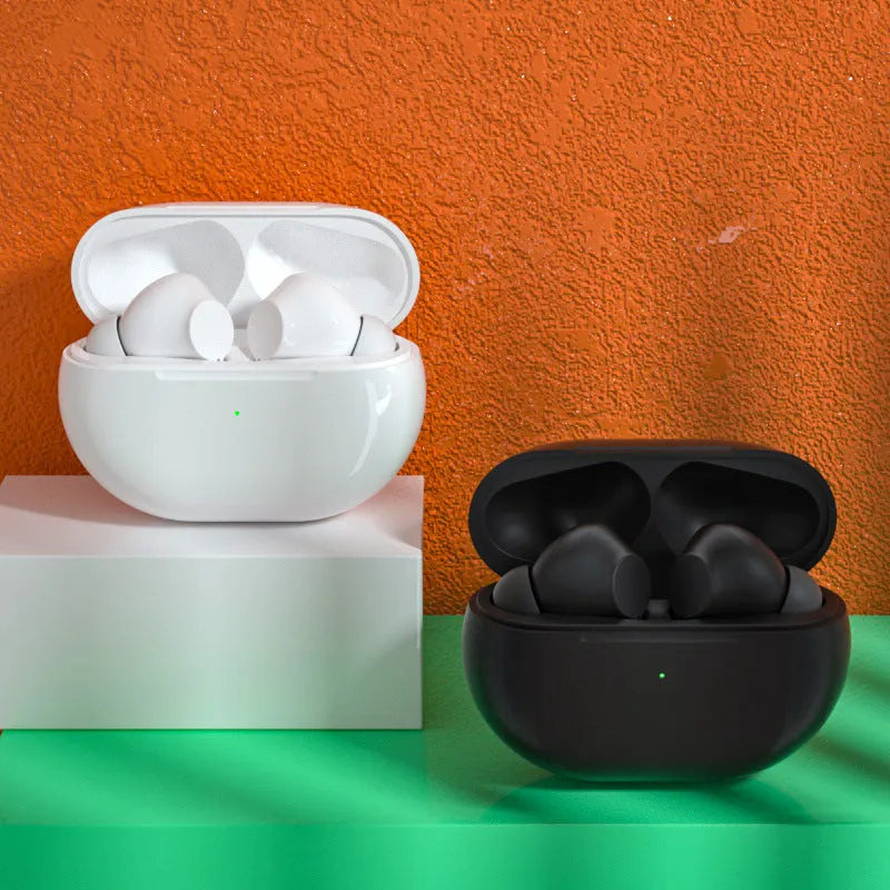 Black and white wireless Bluetooth earbuds with a compact charging case on a white background.