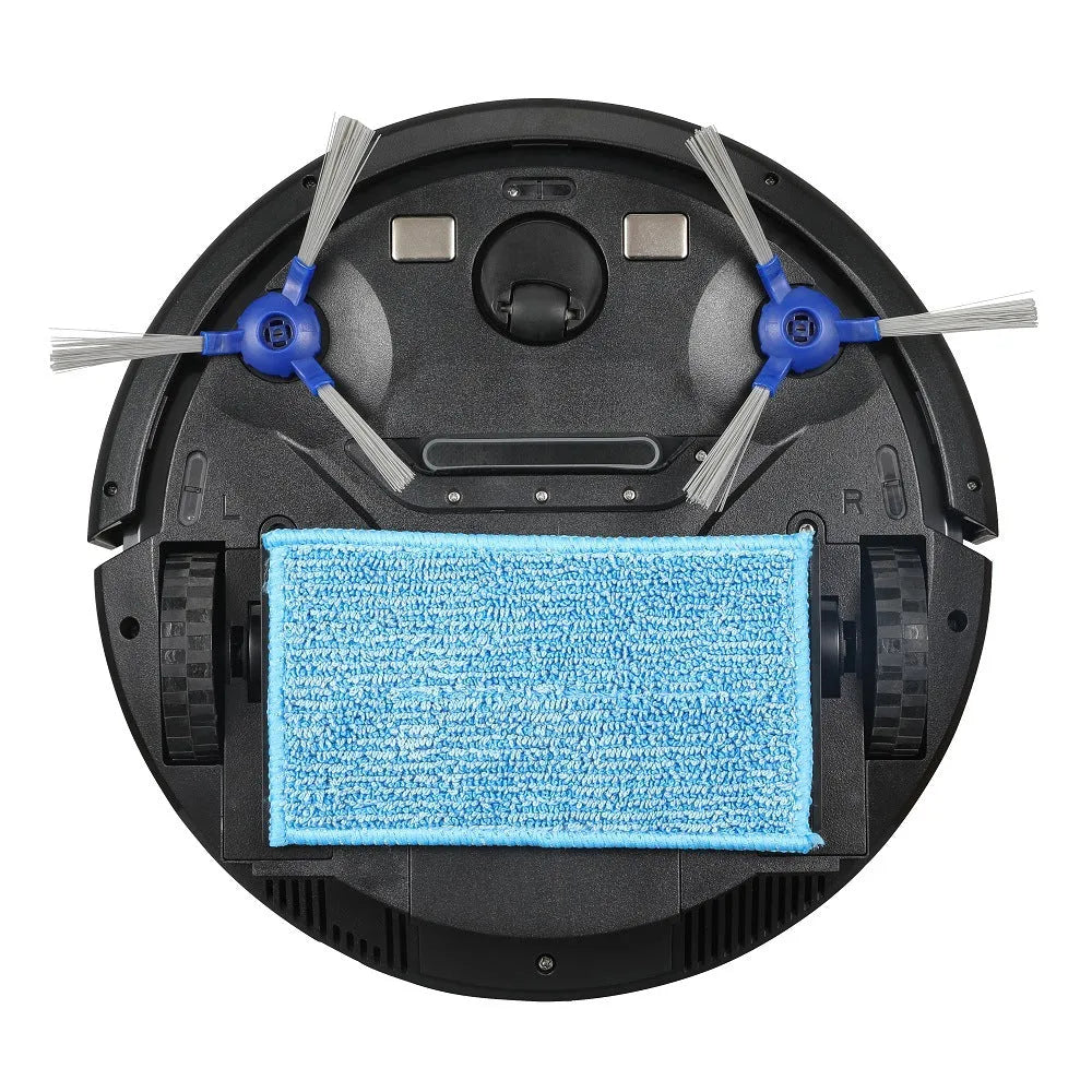 Black automatic recharge vacuum cleaner with remote control on a hard floor, showing its charging base
