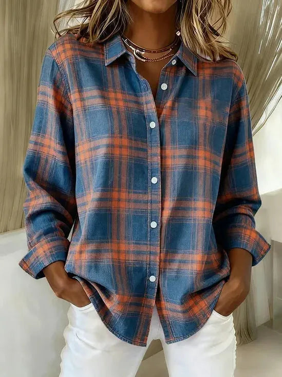 Check print women's long sleeve polyester shirt in solid colour, loose model fit