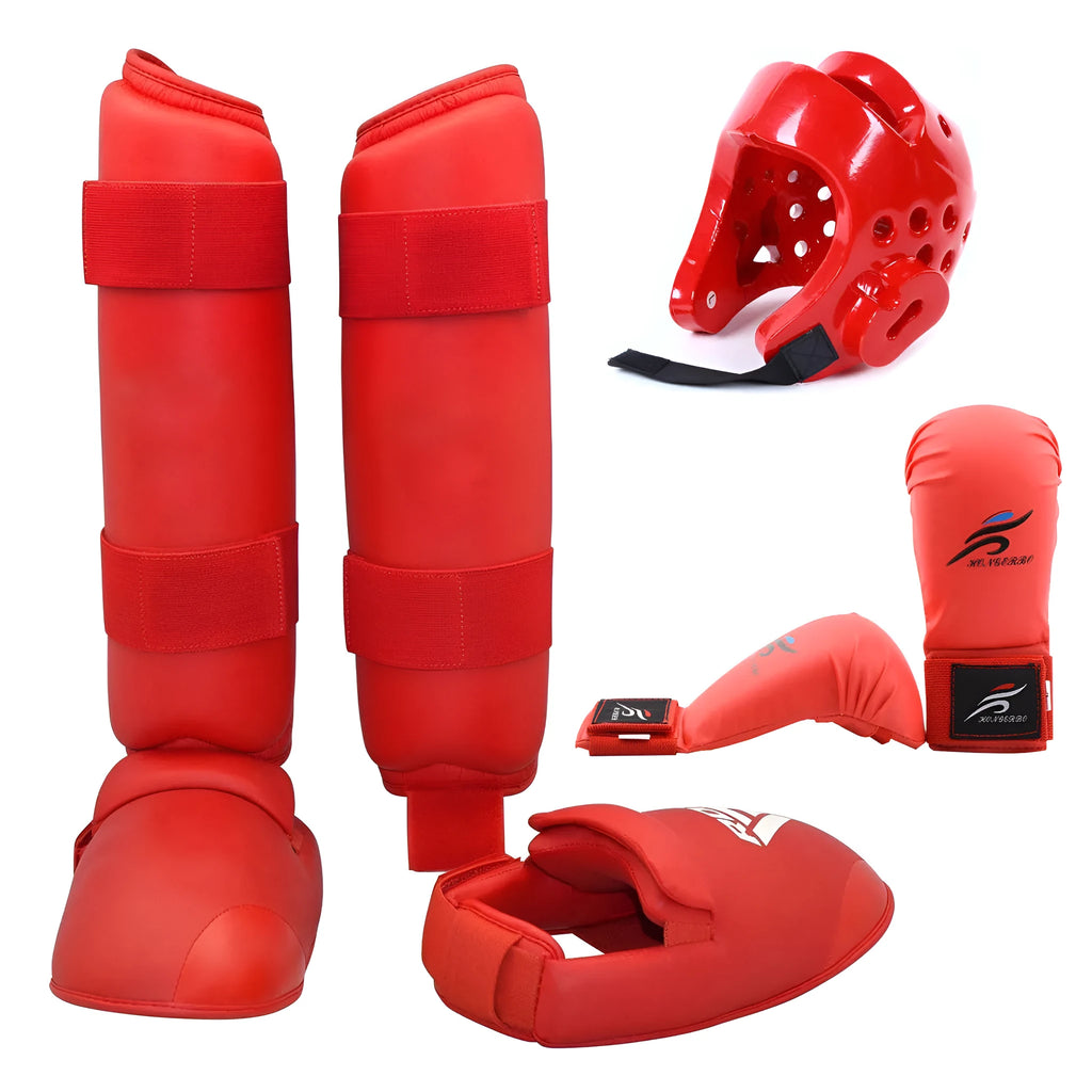 Red and blue karate protective gear set showing a helmet and leg guards made of PU material.