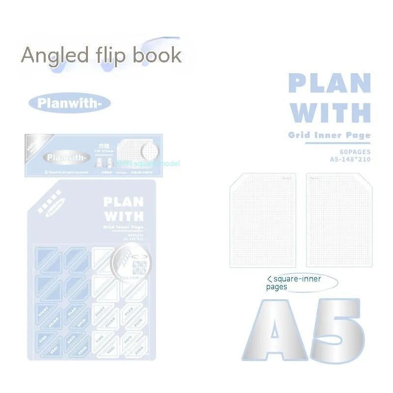 Oblique Angle Book series artsy notebook in A5 and B5 sizes with plaid blue or white covers.