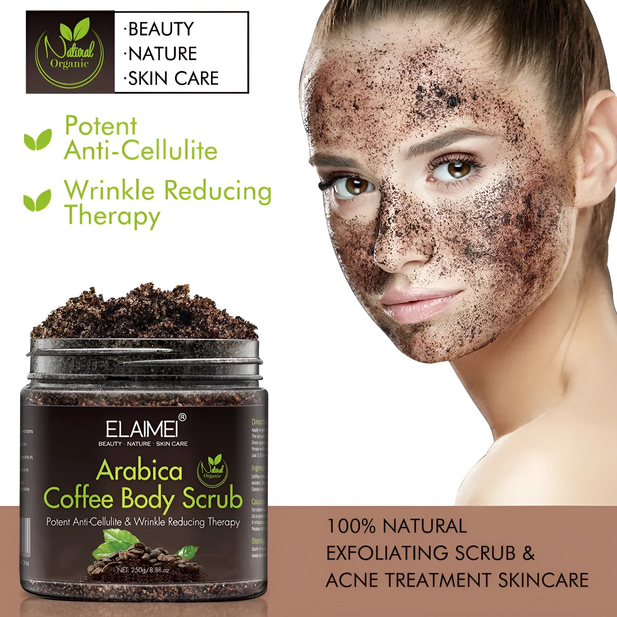 Coffee scrub exfoliating body scrub in a brown tub, 7.3 x 7.3 x 7.5 cm, with sea salt and organic coffee powder