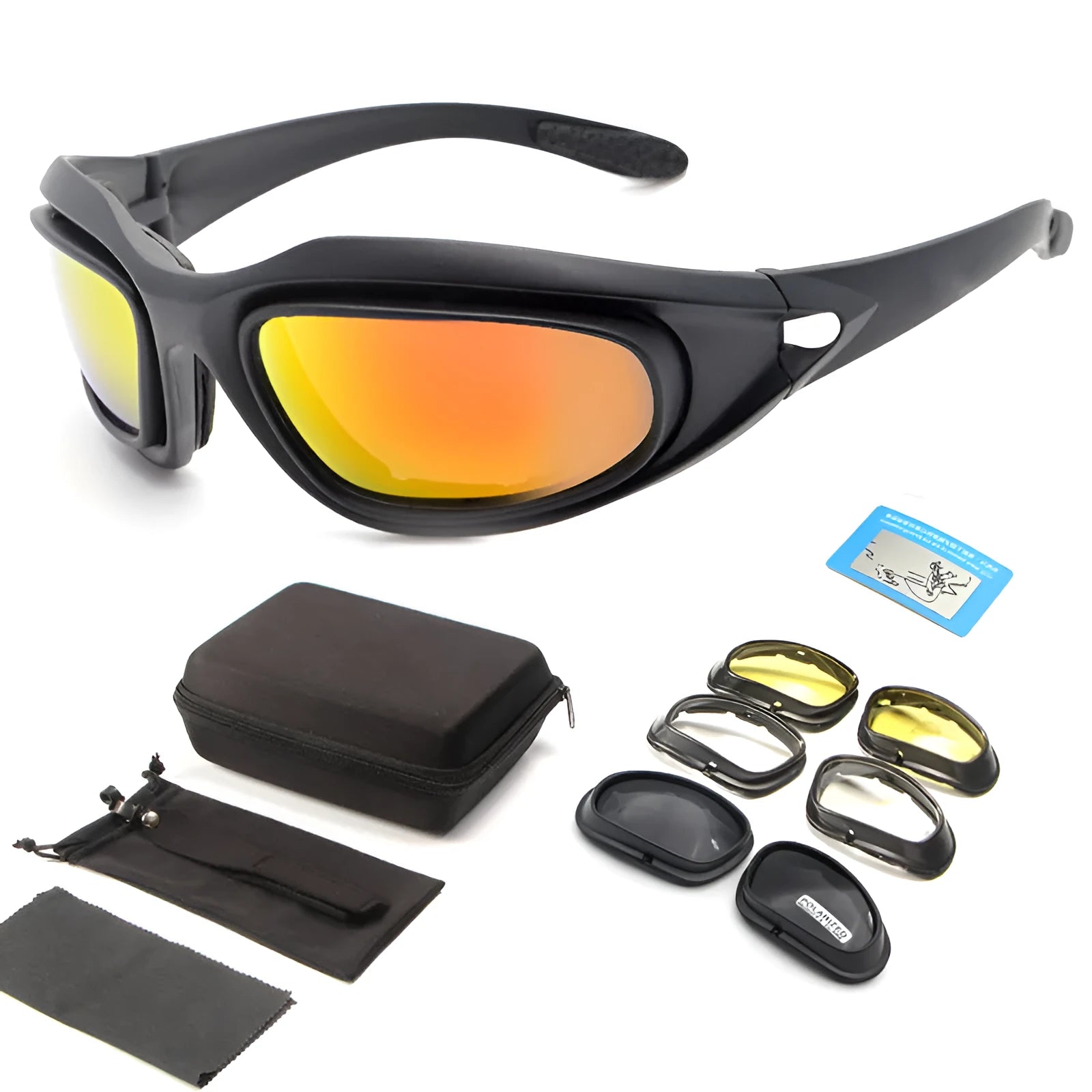 Tactical sports sunglasses with polarized lenses and a black full rim PC frame.