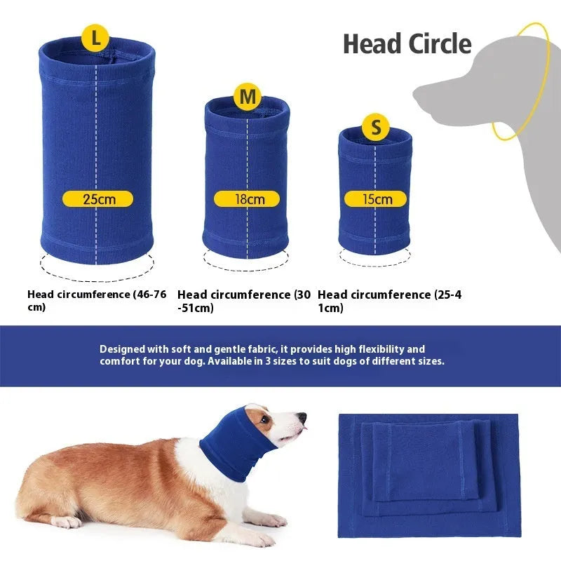 Blue and grey polyester dog head cover in three sizes for canine head protection