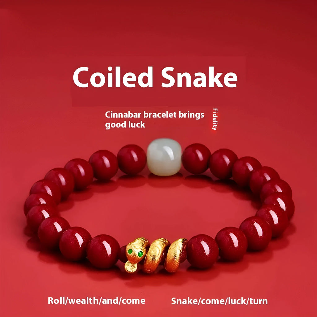 Handmade cinnabar snake year bracelet with Zodiac animal design, showing snake beads in traditional Chinese style.
