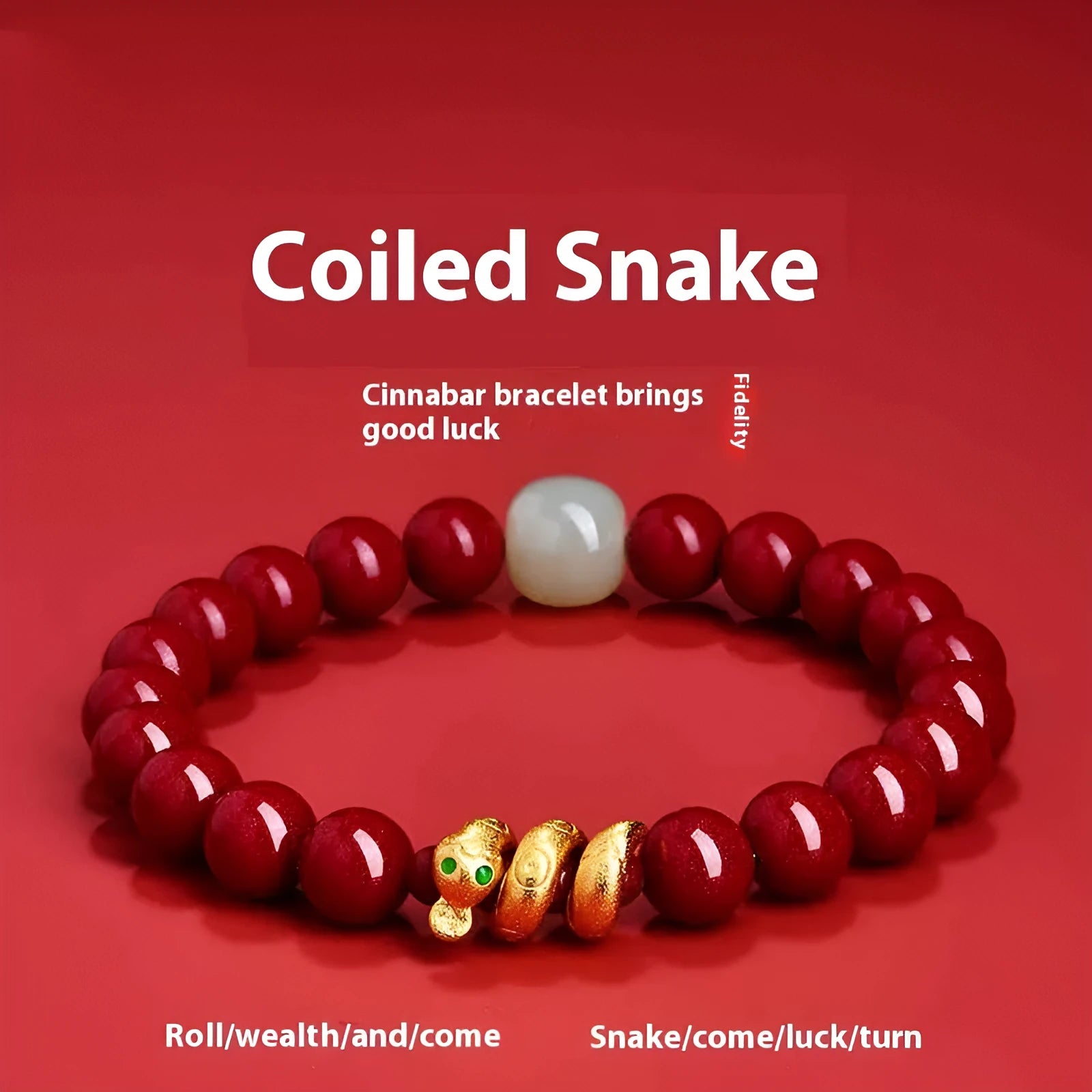 Handmade cinnabar snake year bracelet with Zodiac animal design, showing snake beads in traditional Chinese style.