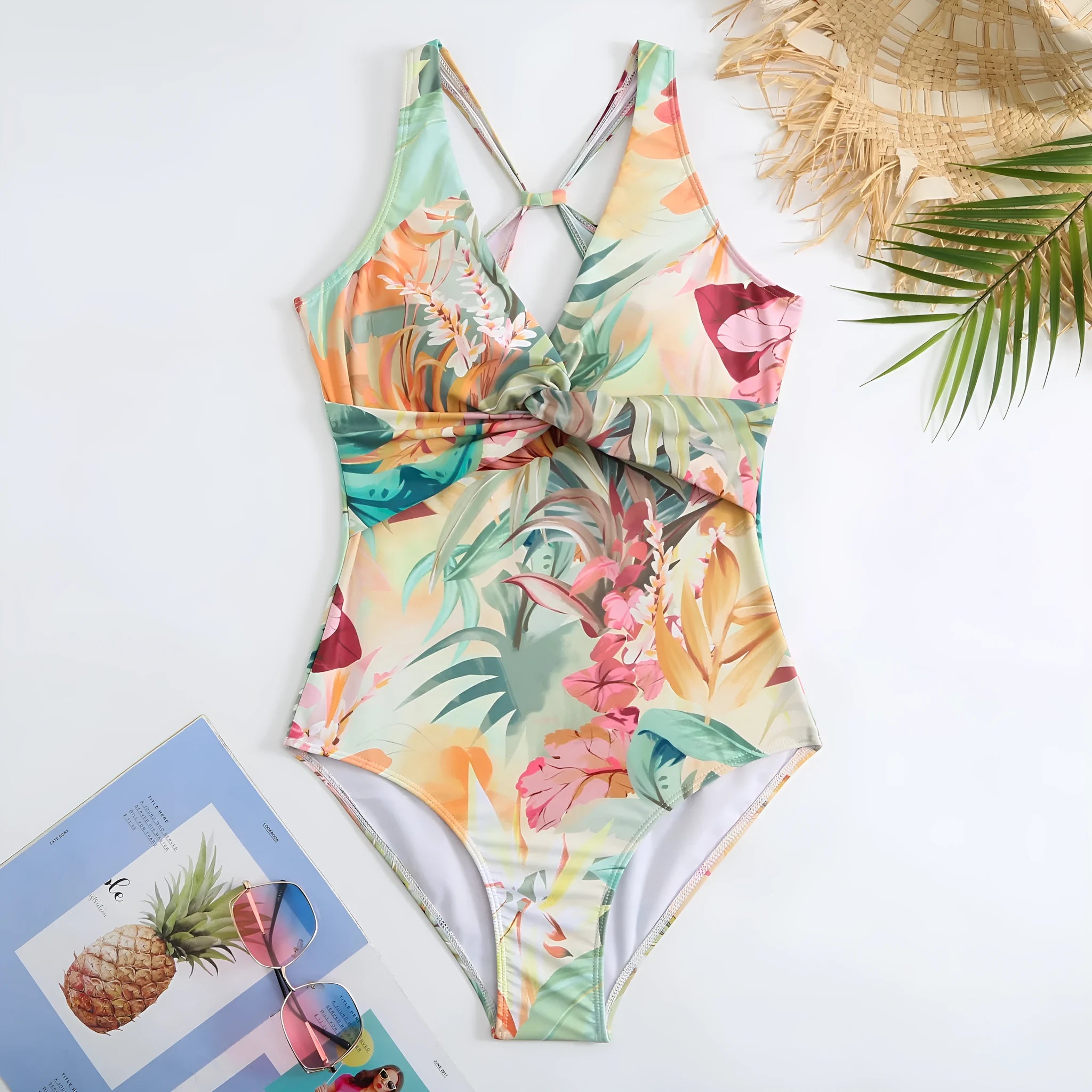 Women's vintage print one-piece swimsuit with short sleeves in a yellow floral pattern.