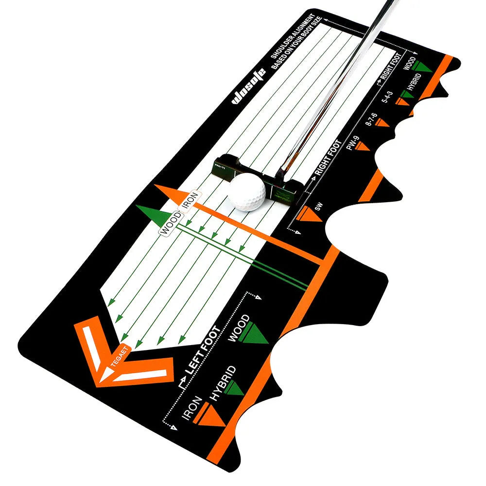 Black neoprene golf swing posture correction pad for stance alignment practice.