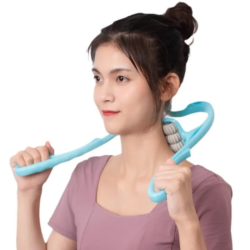 Blue plastic handheld massager with six rolling wheels for neck and shoulders.