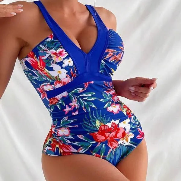 Women's floral pattern one-piece swimsuit with backless design in multiple colour options