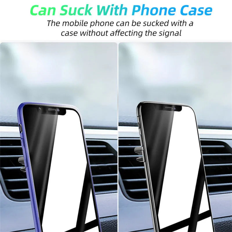 Black magnetic car phone holder clipped to a car air vent, showing adjustable paddle and fragrant slice.