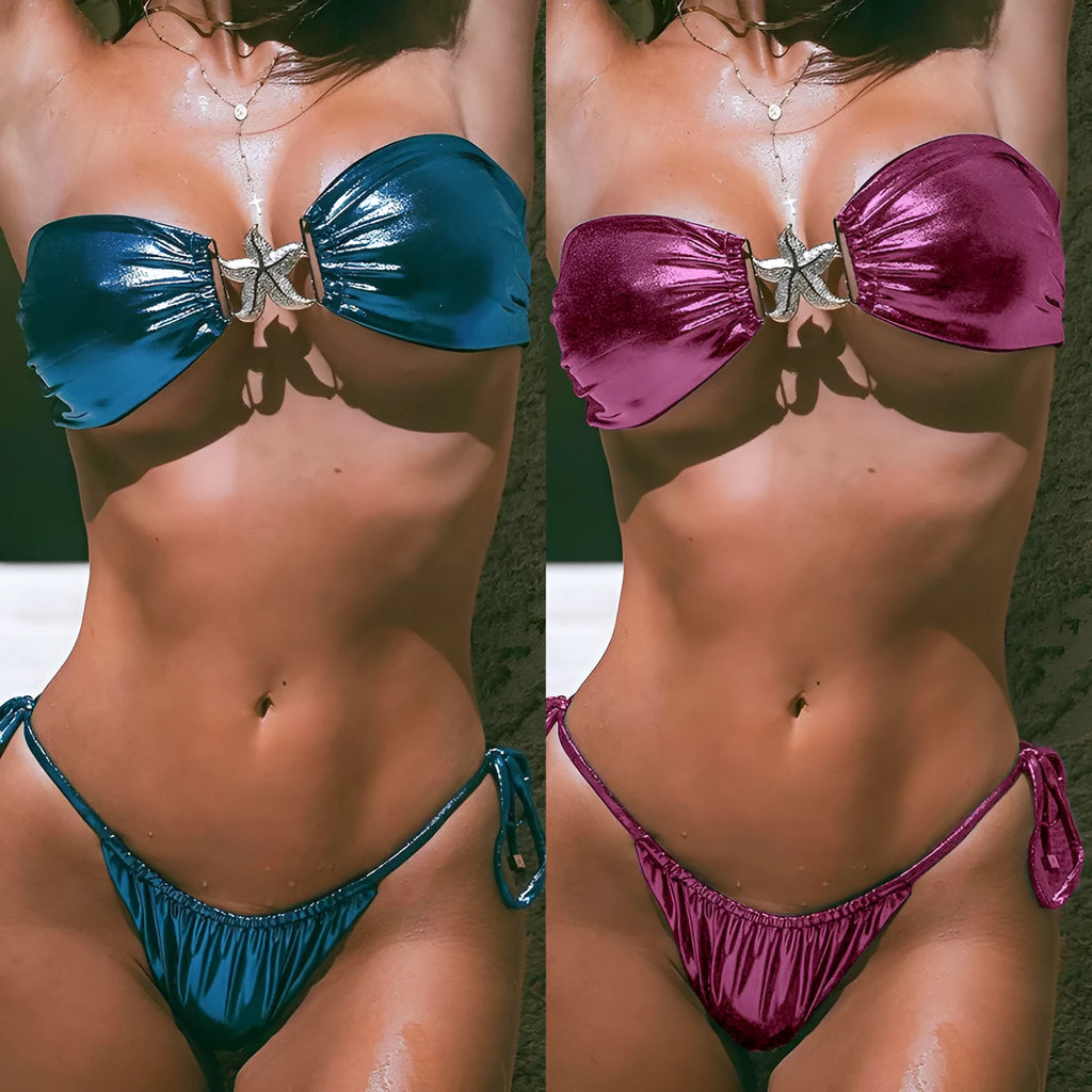 Women's glossy sapphire blue tube top bikini with long sleeves and backless design.