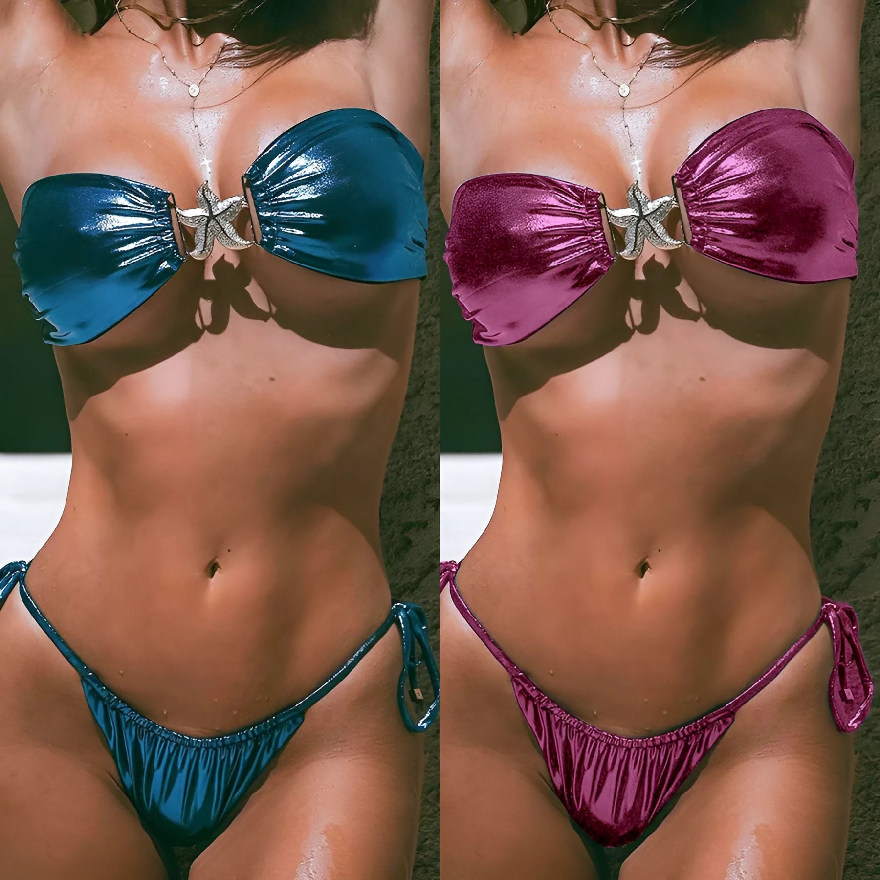 Women's glossy sapphire blue tube top bikini with long sleeves and backless design.
