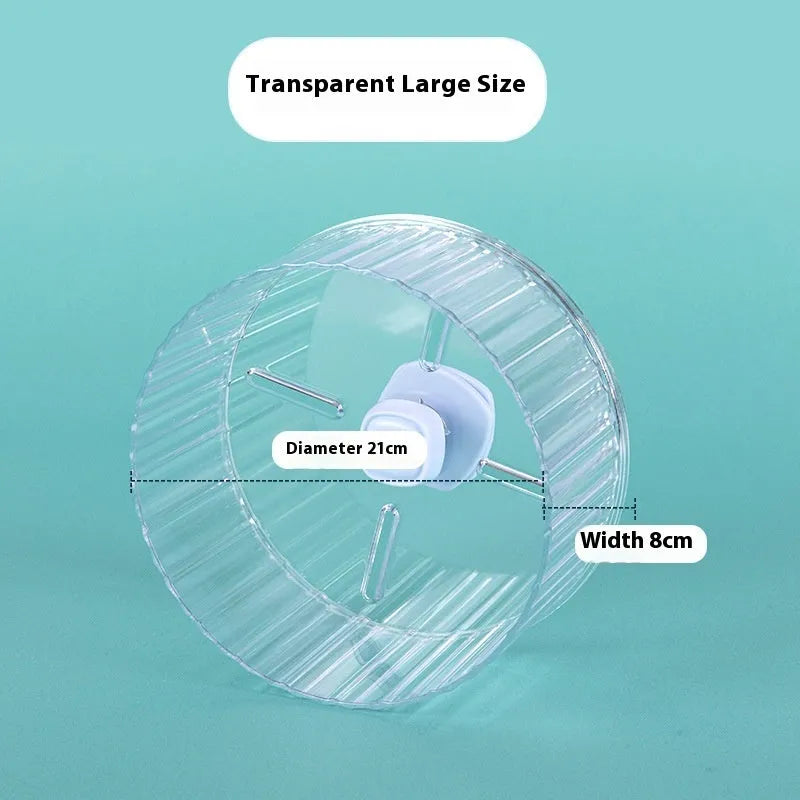 21cm plastic parrot running wheel toy in transparent colour with removable stand for cage mounting.