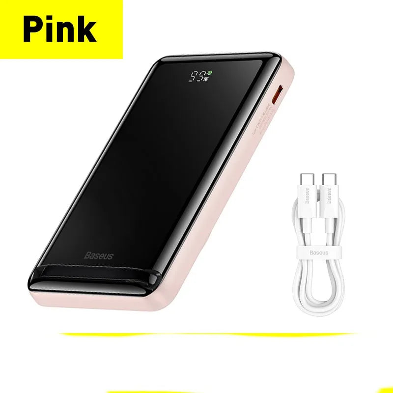 Slim blue magnetic power bank with wireless charging capability showing dimensions