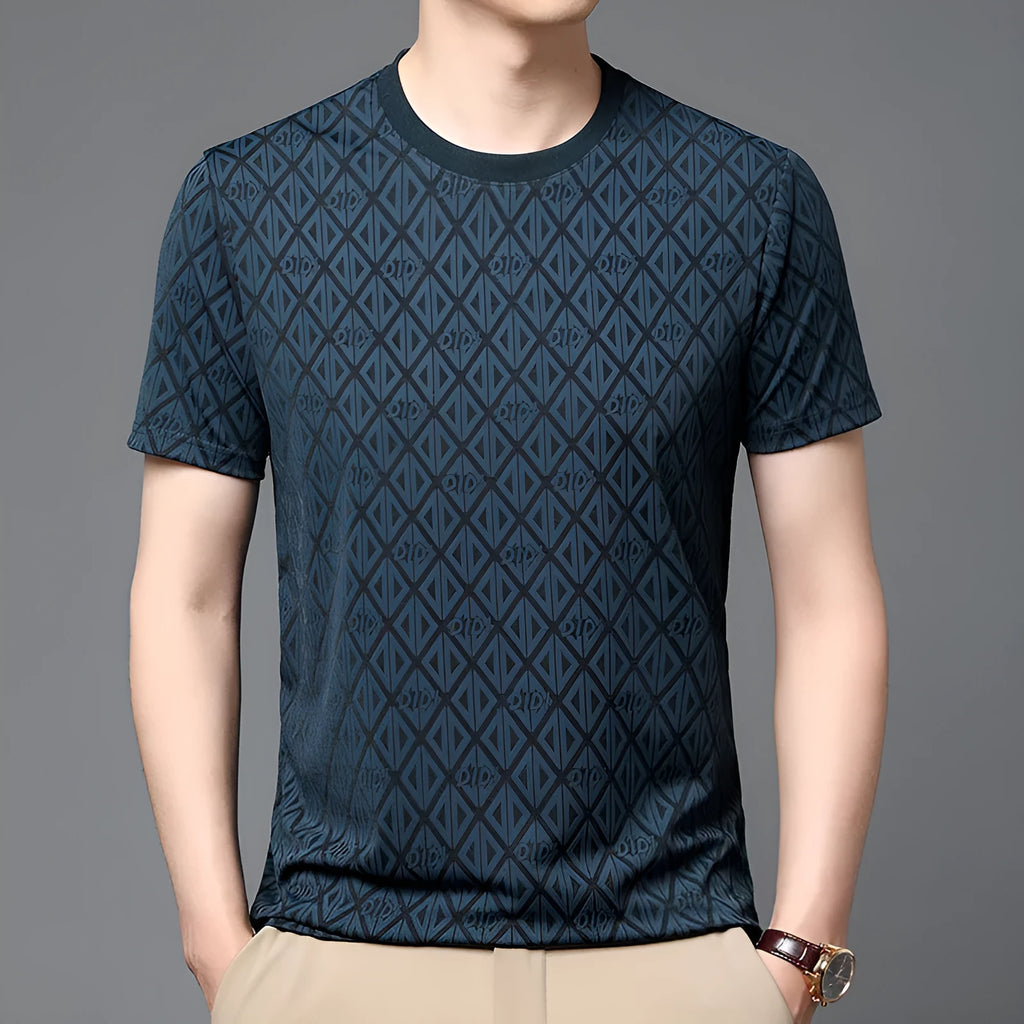 Men's black ice silk jacquard T-shirt with round neck and half sleeves on hanger