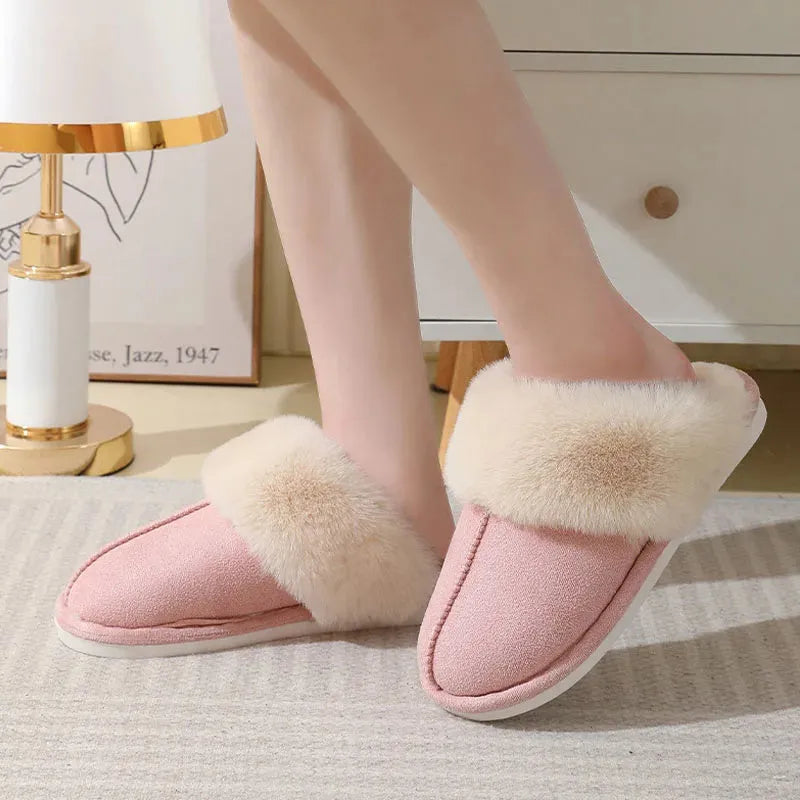 Women's plush winter slippers with round toe, flat heel, and PVC anti-slip sole