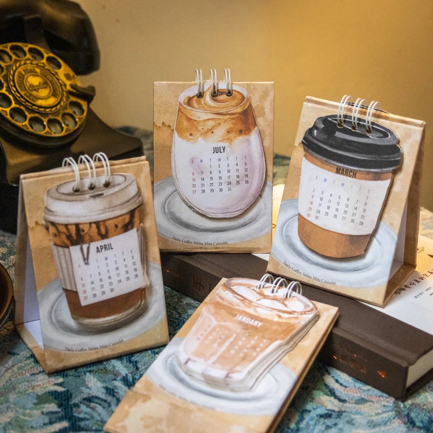 Coffee themed mini desk calendar 2025 with ten different daily designs including Coffee Time and Life Is Not Easy