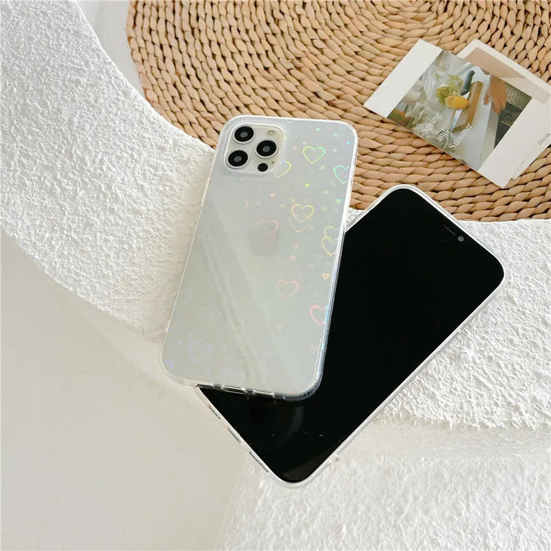 Transparent silicone iPhone case with laser butterfly pattern showing phone compatibility
