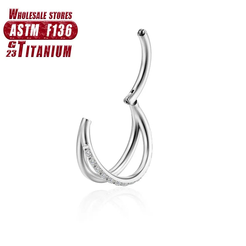 Titanium alloy fork nose ring for piercings, shown in silver colour on a black background.