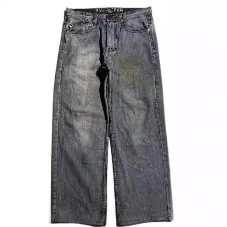 Men's washed grey straight-leg jeans with a wide-leg casual workwear design on a neutral background.