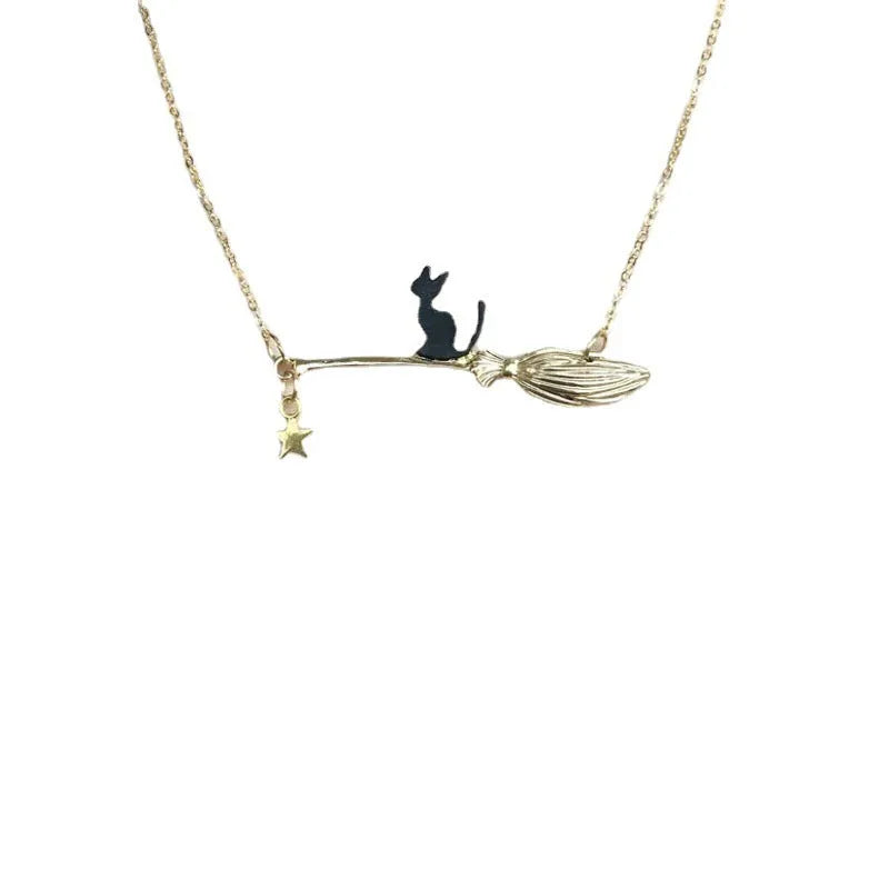 Black cat pendant Halloween necklace for women in alloy with silver or gold finish options